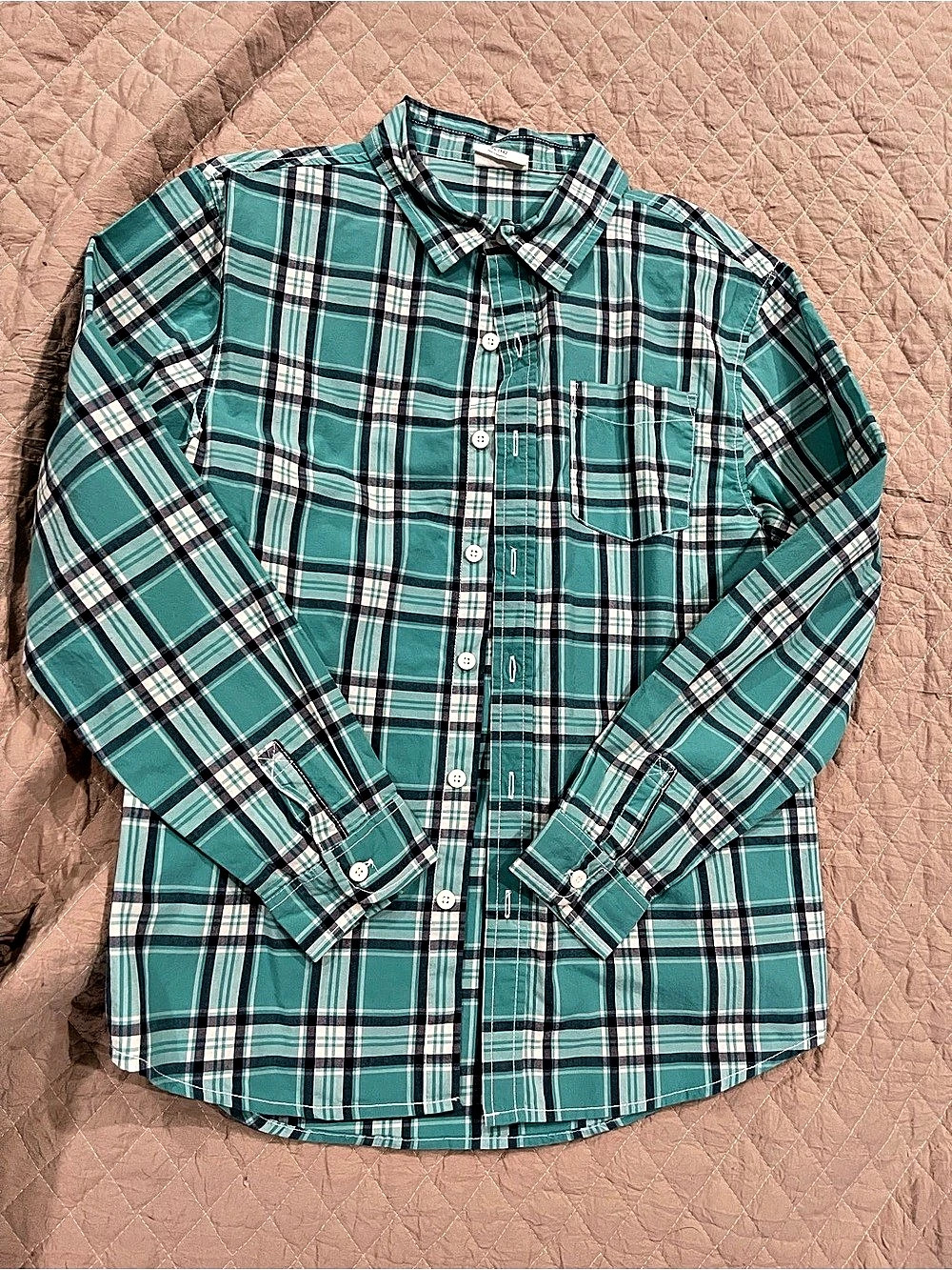 crazy 8 Boys Plaid Button Down Shirt in Green & White Size XL (14)